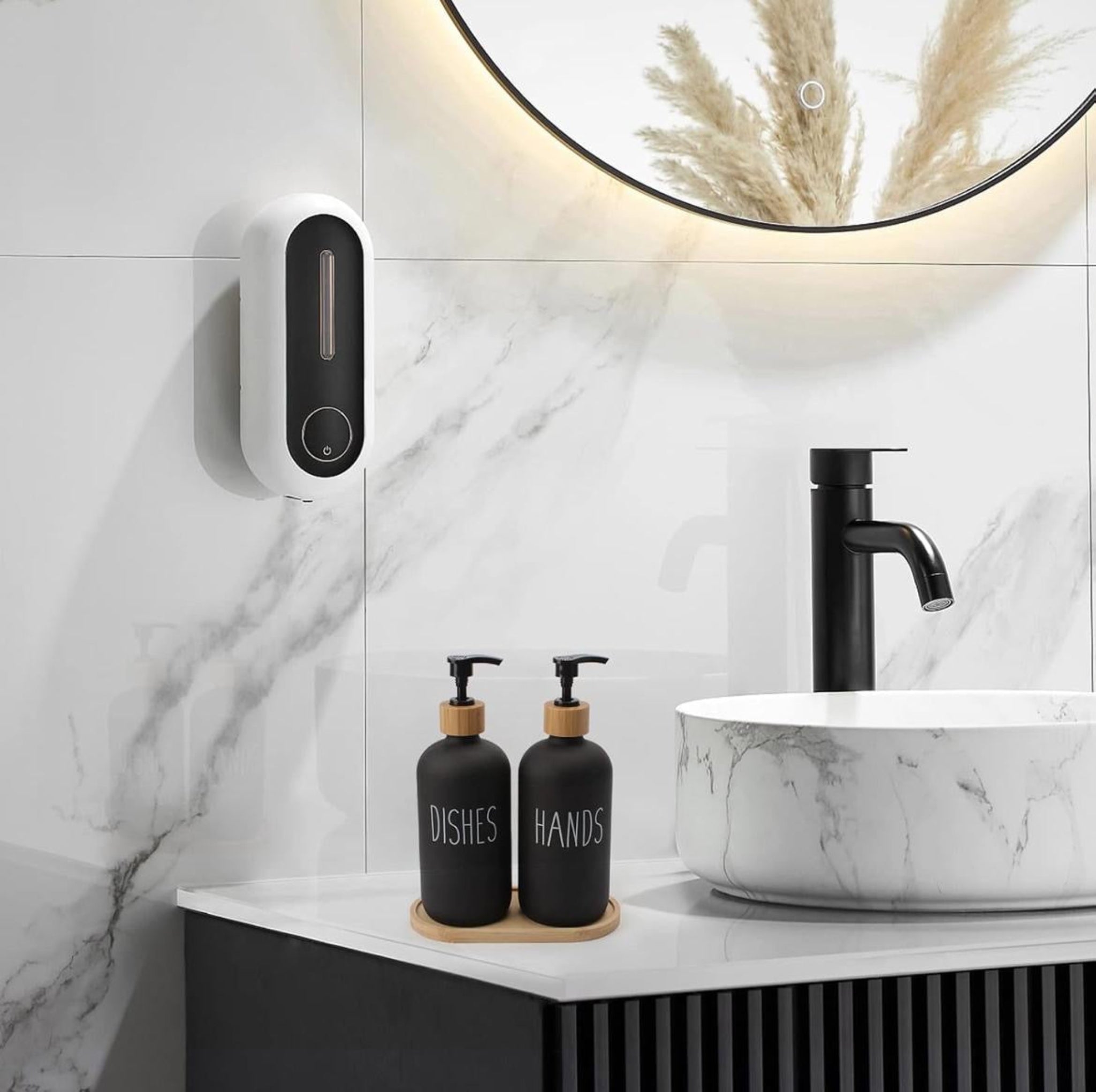 2x 500ml Lotion Soap Dispenser Hand Sanitizer Glass Bottle With Bamboo Cover Pump - Black