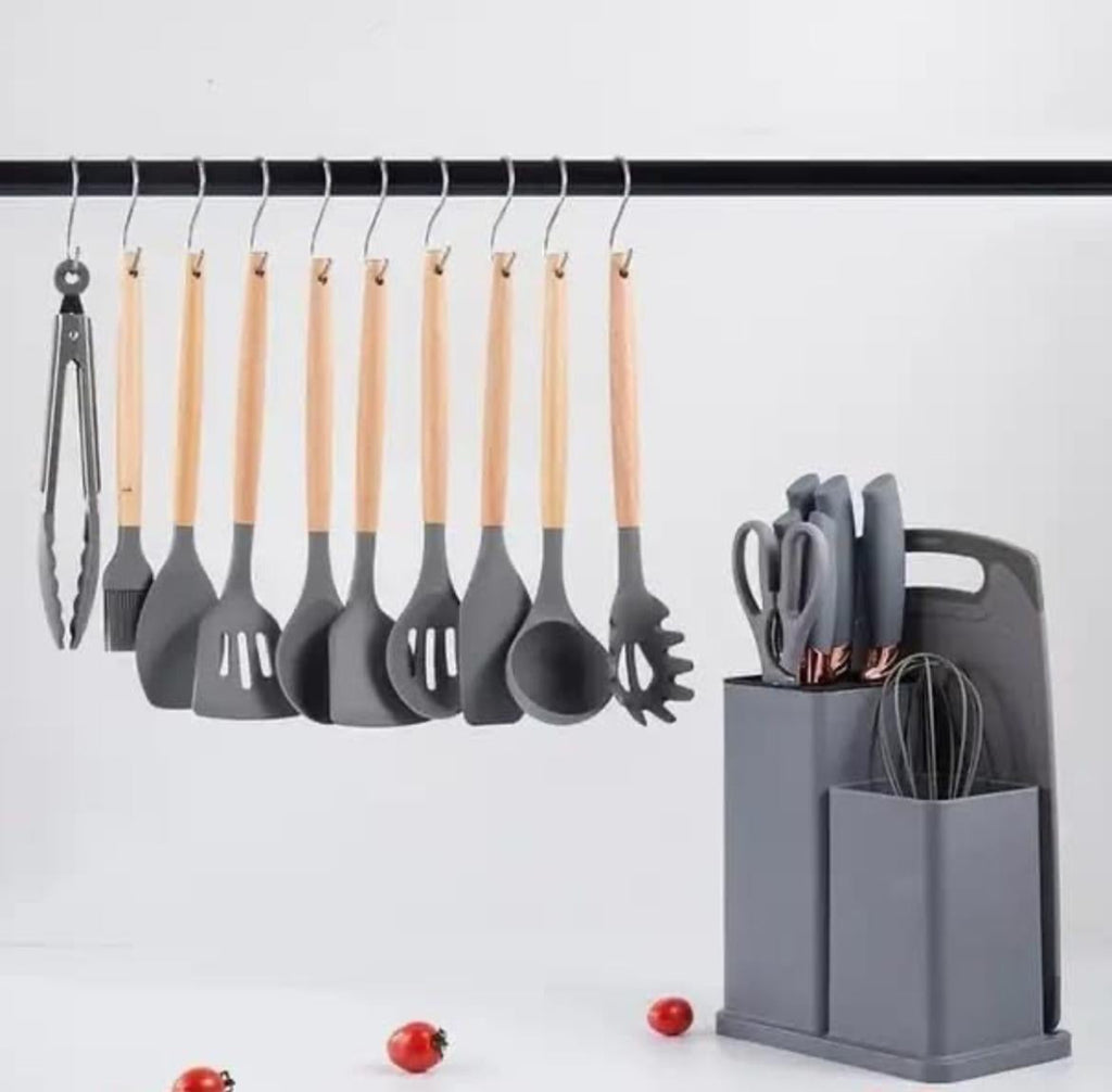 19-Piece Elegant Non-Stick Silicone Kitchen Utensil Set – Grey
