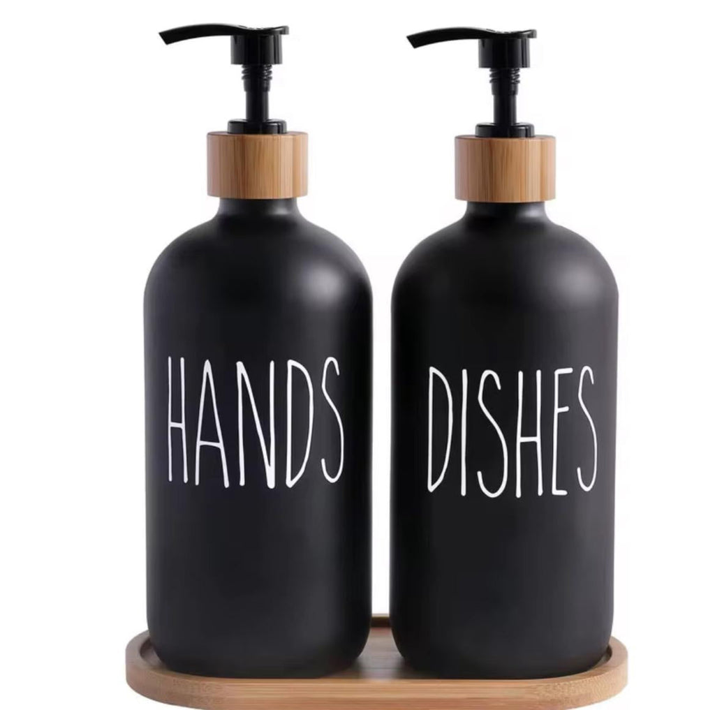 2x 500ml Lotion Soap Dispenser Hand Sanitizer Glass Bottle With Bamboo Cover Pump - Black