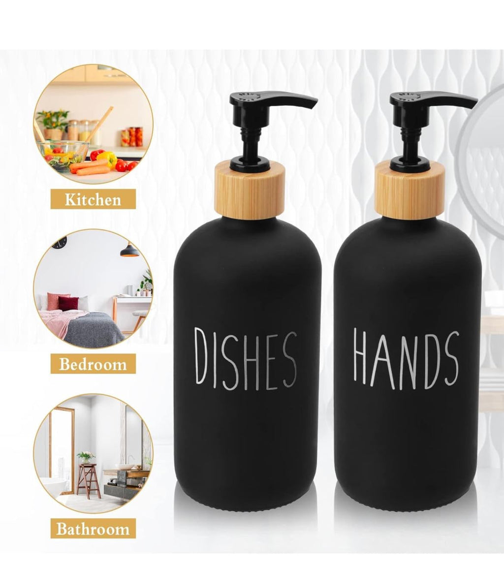2x 500ml Lotion Soap Dispenser Hand Sanitizer Glass Bottle With Bamboo Cover Pump - Black