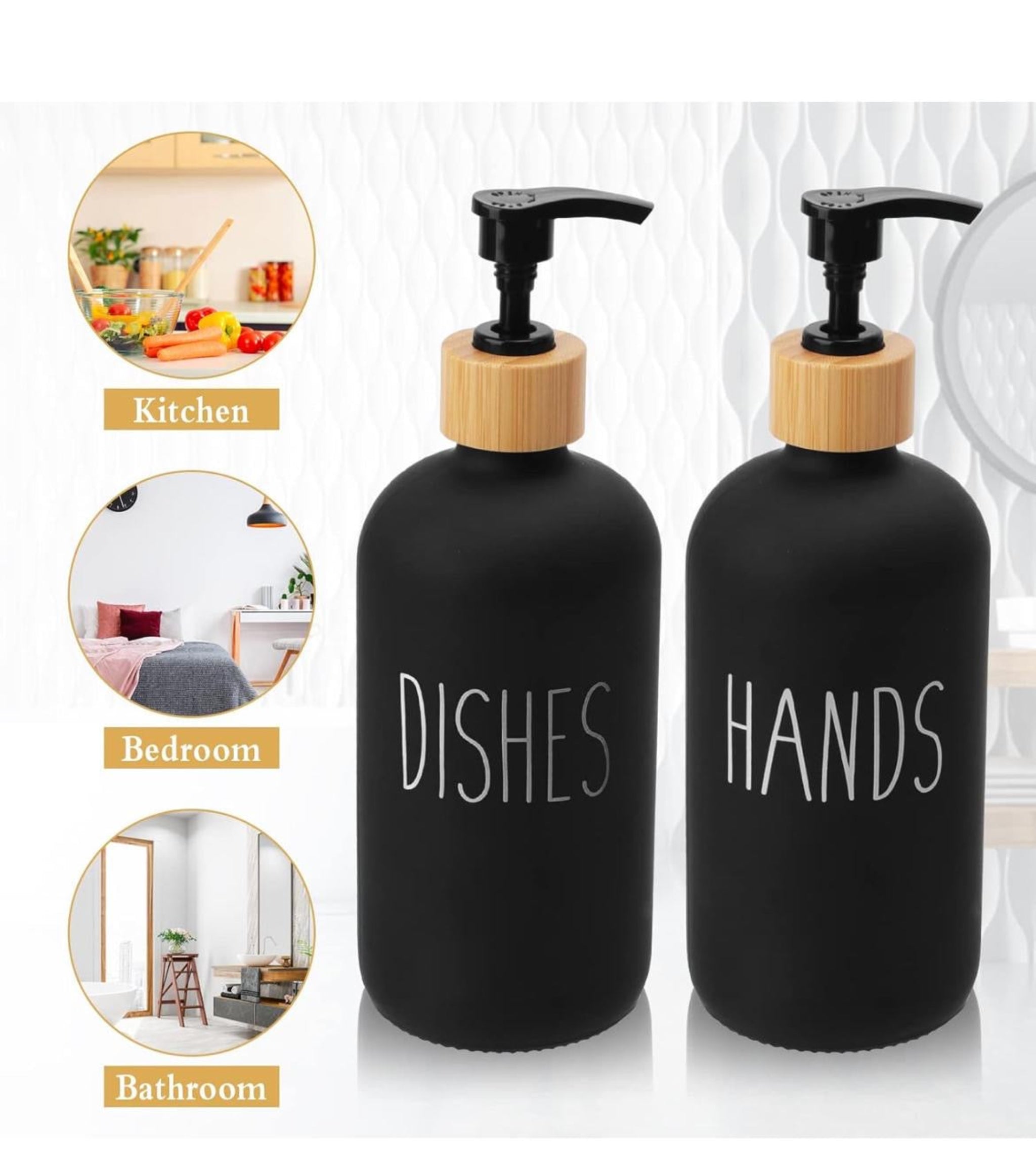 2x 500ml Lotion Soap Dispenser Hand Sanitizer Glass Bottle With Bamboo Cover Pump - Black