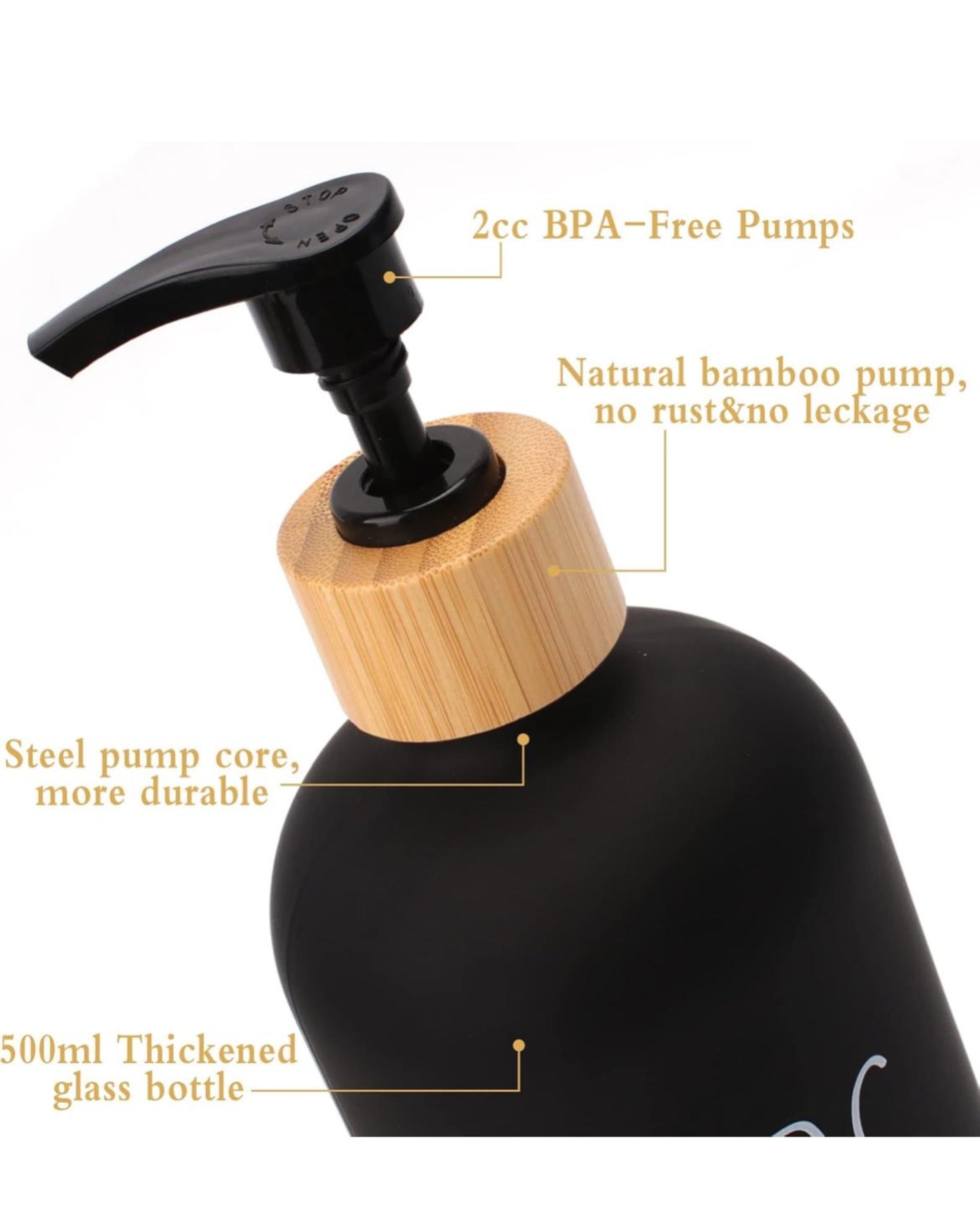2x 500ml Lotion Soap Dispenser Hand Sanitizer Glass Bottle With Bamboo Cover Pump - Black