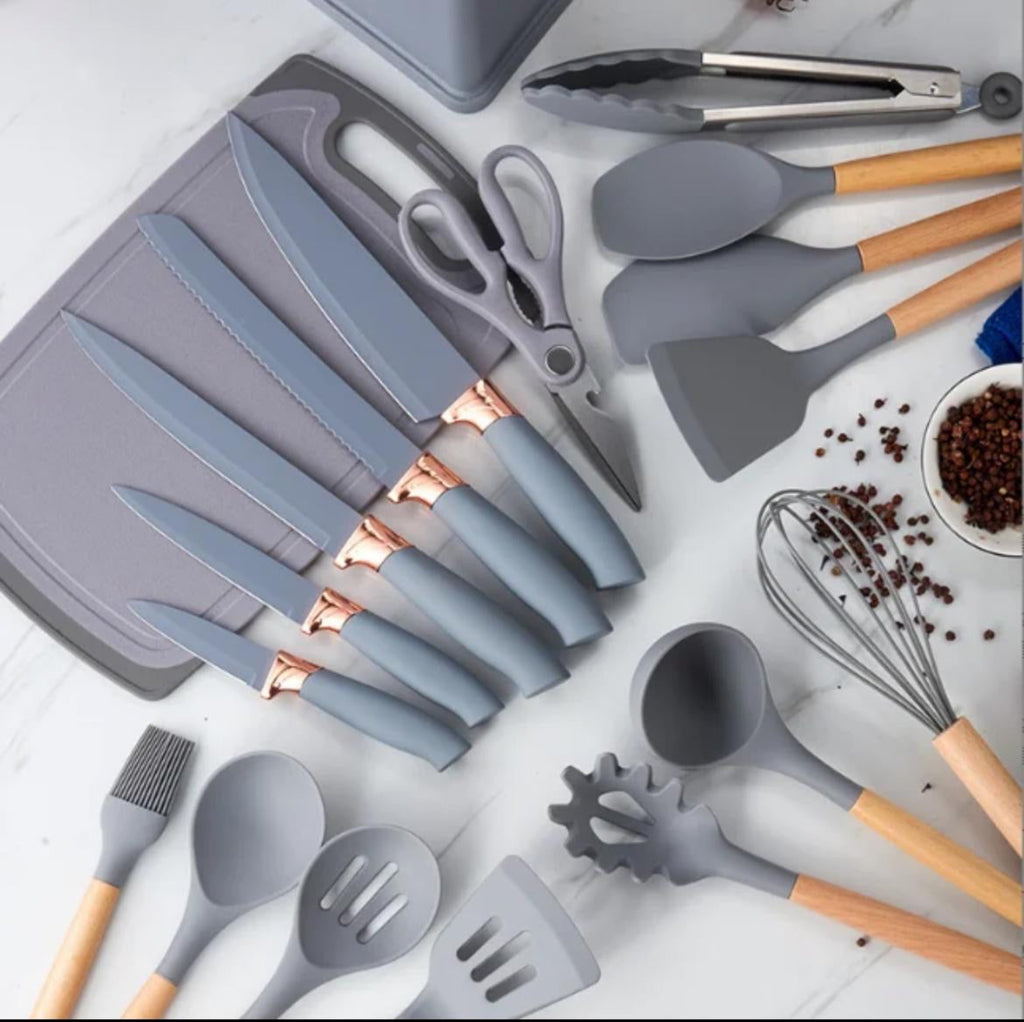19-Piece Elegant Non-Stick Silicone Kitchen Utensil Set – Grey