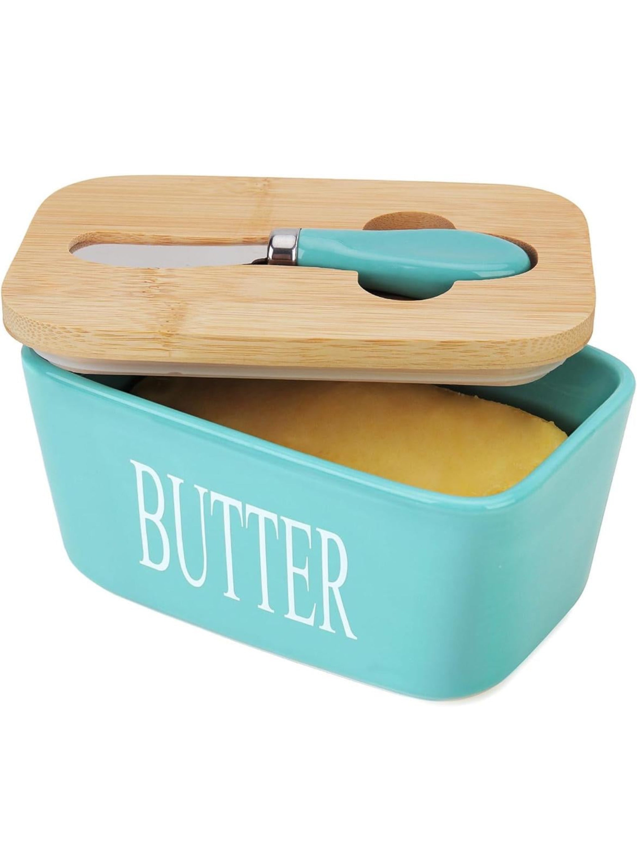 Ceramic Butter Dish With Wooden Airtight Lid, With Butter Knife Turquoise 600ml